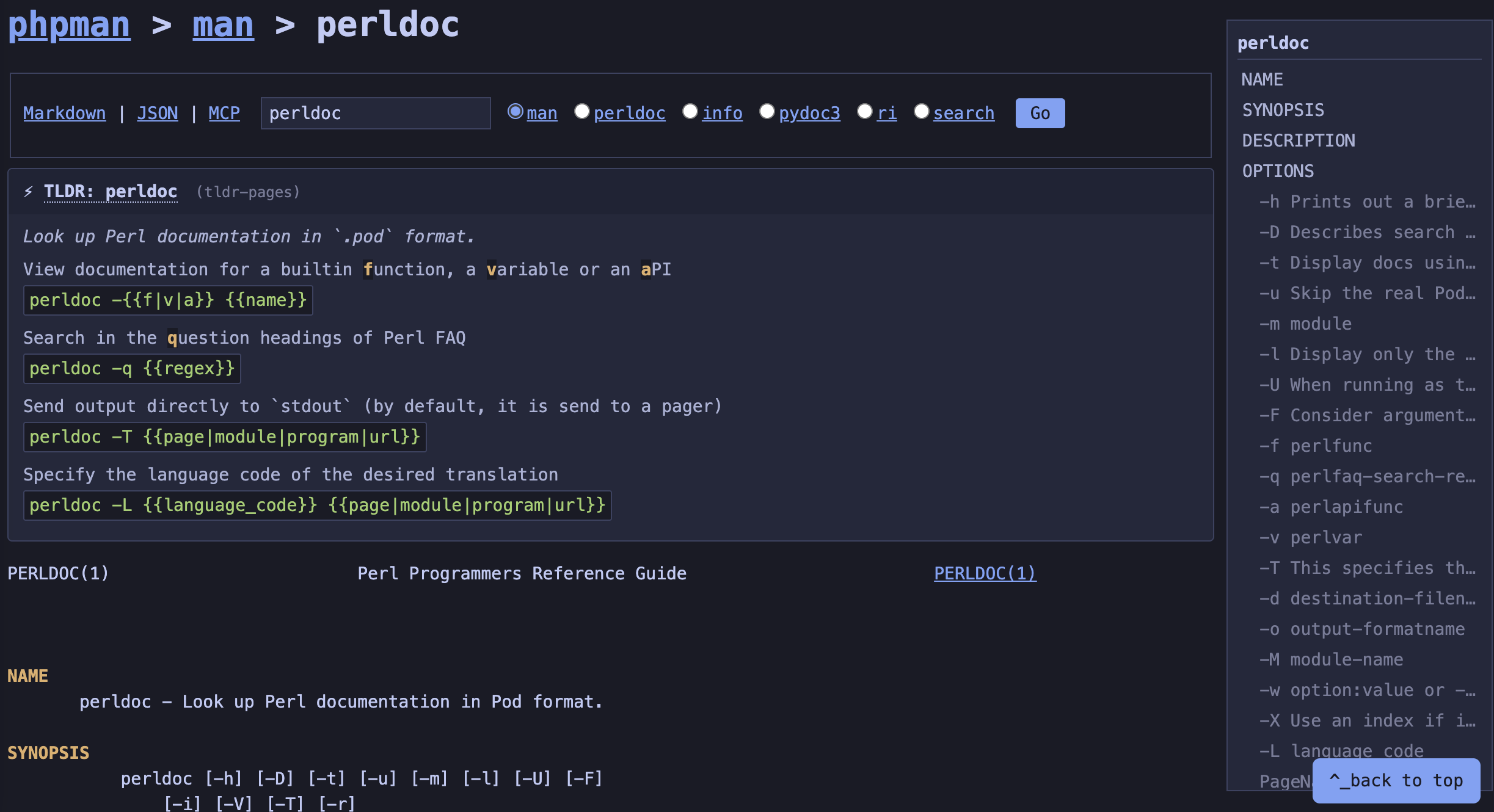 phpMan: perldoc page with TOC sidebar