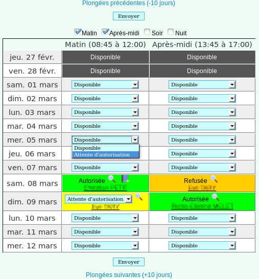 Calendrier des plongées