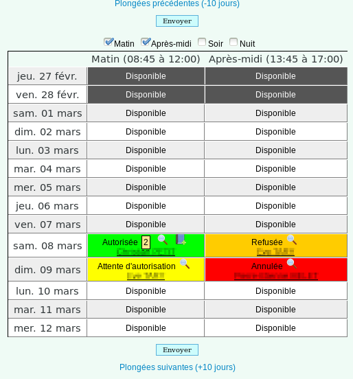 Calendrier des plongées